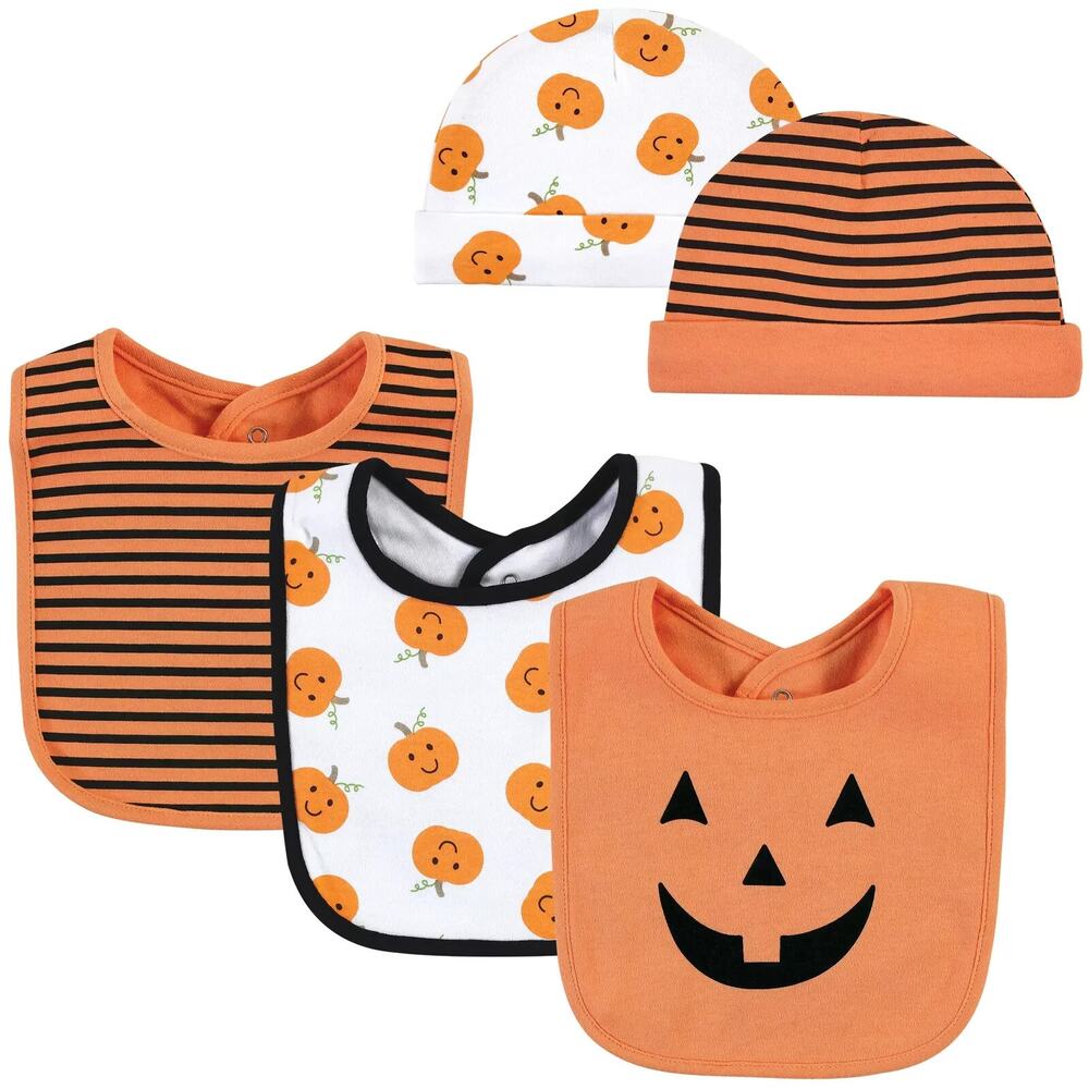 Hudson Baby Unisex Baby Cotton Bib & Headband or Caps Set Pumpkin One Size 0-6M - Picture 12 of 12